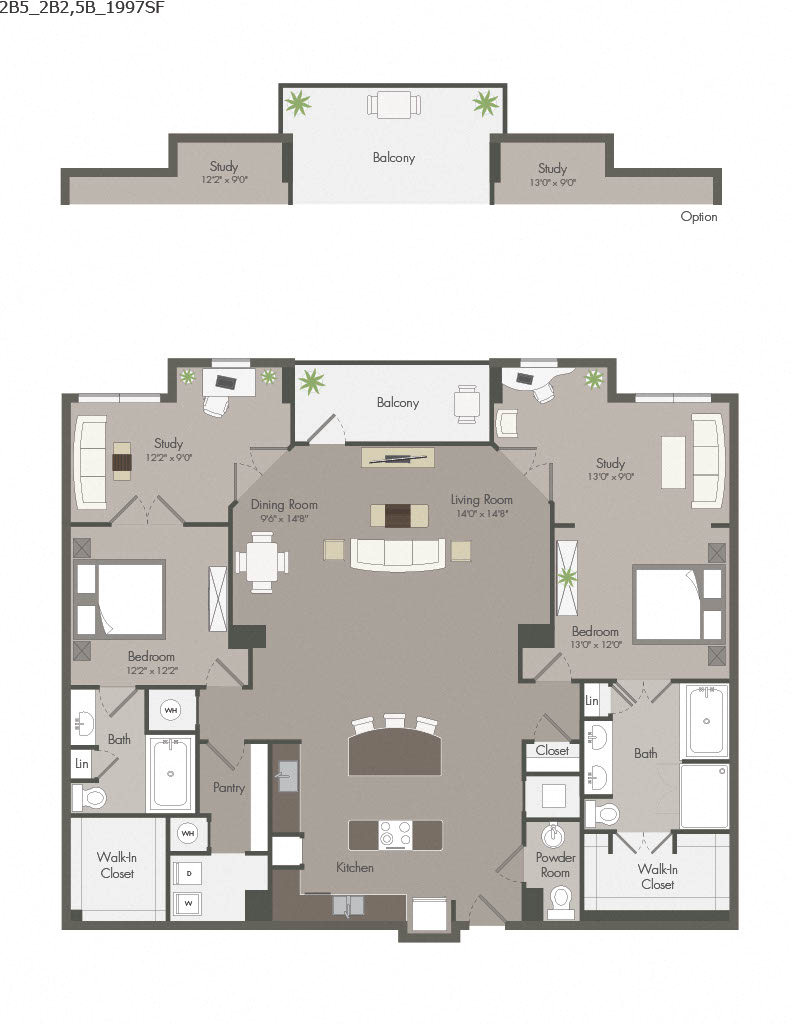 Floor plan for 2 beds, 2 baths, 1997 sqft